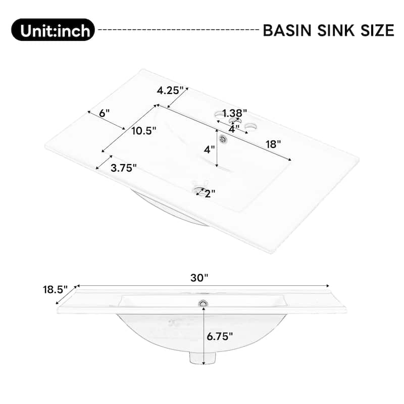 30" Bath Vanity with Sink - 3 Drawers, Door Shelf & Soft-Close Mechanism
