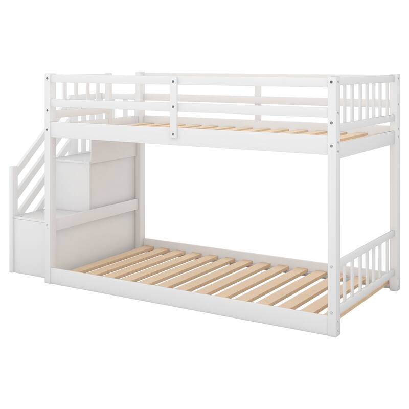 Roomfitters Twin over Twin Floor Bunk Bed with Ladder and Built-In Storage
