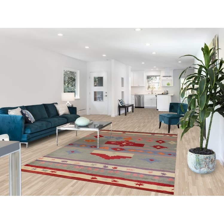 Hand Knotted Oriental 100% Wool Carpet Modern Geometric Greys & Charcoal Gabbeh Area Rug - 9' 1'' X 6' 0''