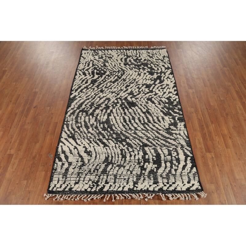 Black & Ivory Moroccan Abstract Area Rug Hand-Knotted Wool Carpet - 4'11"x 8'1"