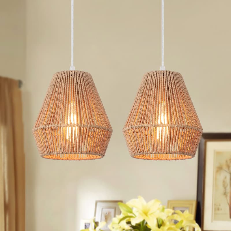 Boho Coastal 1-Light Hand-Woven Rattan Pendant Light for Kitchen Island Hallway (Set Of 2) - 7.28 in - Gold/Brown
