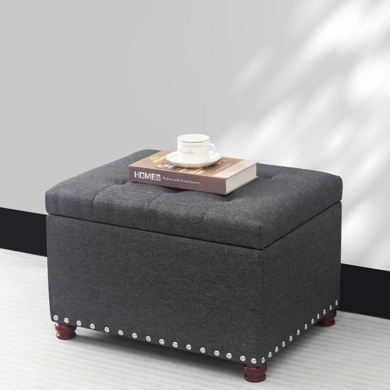 Adeco Storage Ottoman Tufted Linen Wood Bench with Nails