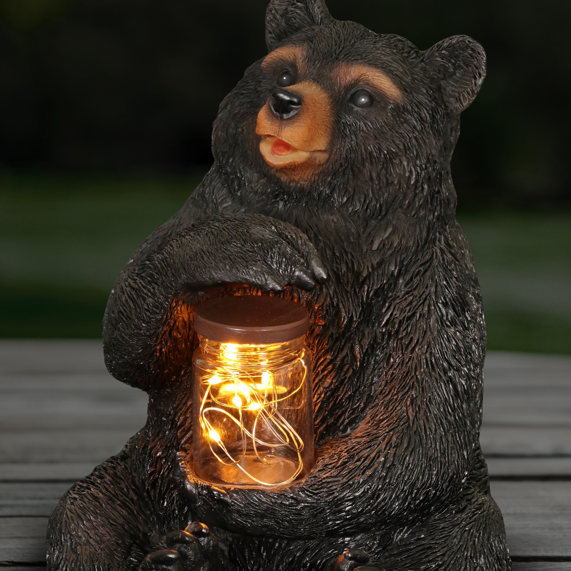 Exhart Solar Bear Garden Statue Holding A Glass Jar with Eight LED Firefly String Lights, 8.5 x 10.5 inch