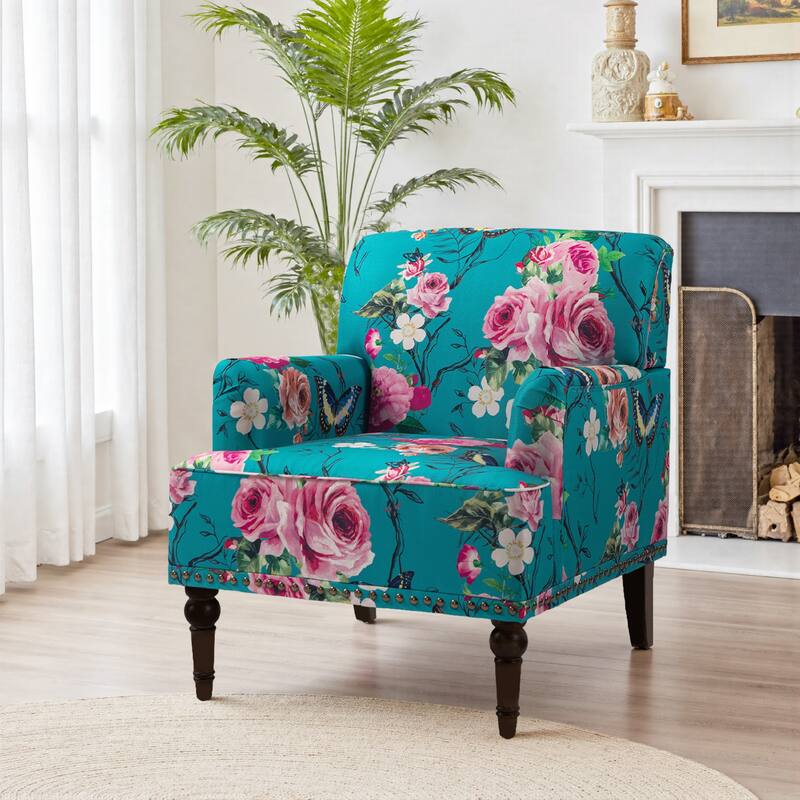 Stripe Linen Accent Arm Chair with Nailhead Trim and Wood Legs
