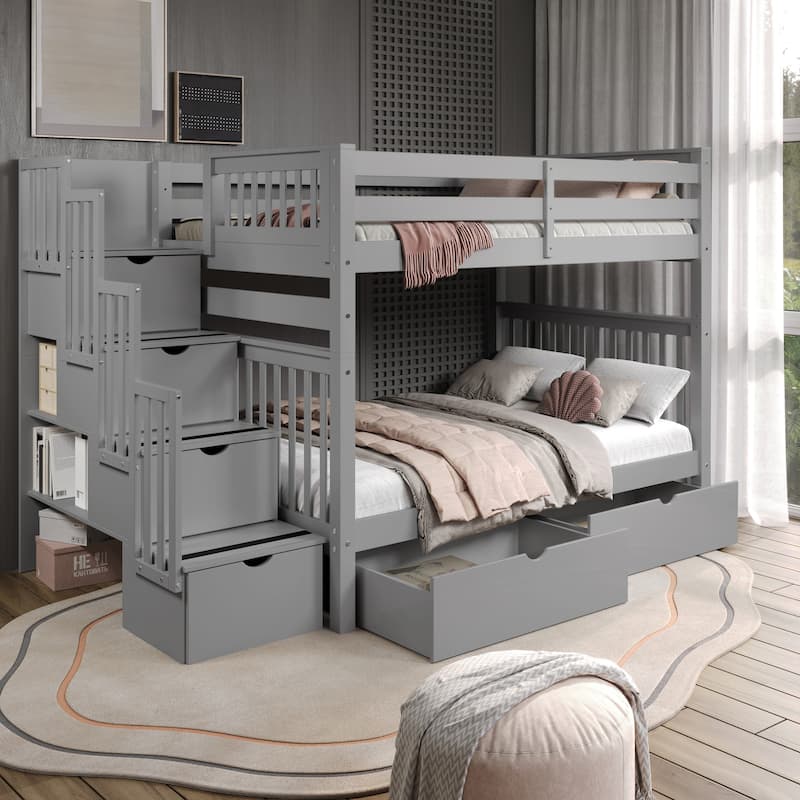 Taylor & Olive Trillium Full over Full Stairway Bunk Bed, 2 Drawers - Grey