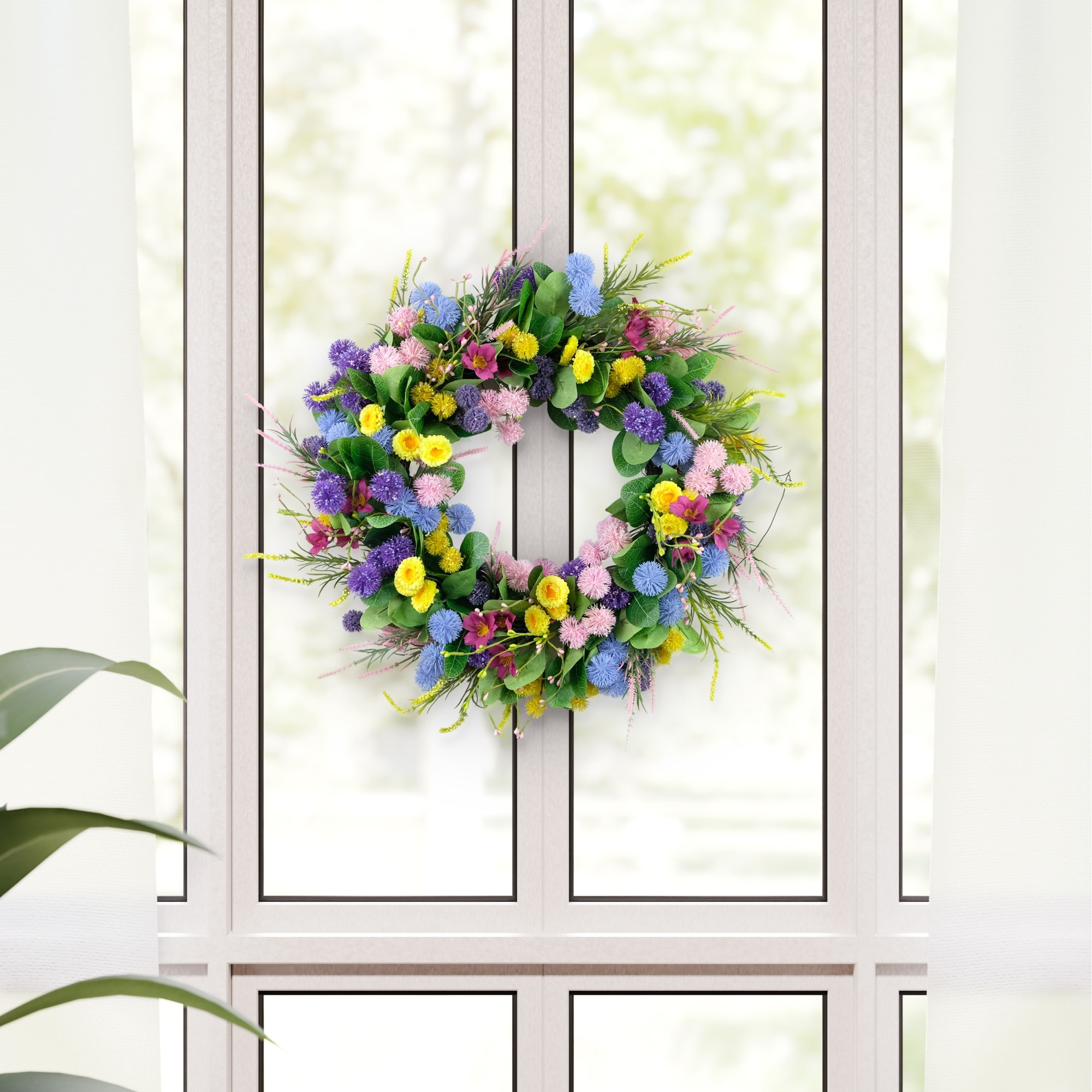 Echinops and Chrysanthemums Floral Artificial Spring Wreath - 24