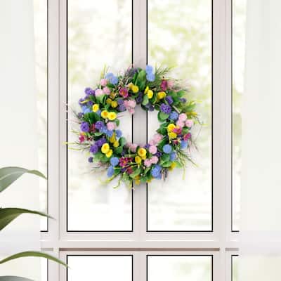 Echinops and Chrysanthemums Floral Artificial Spring Wreath - 24" - Yellow