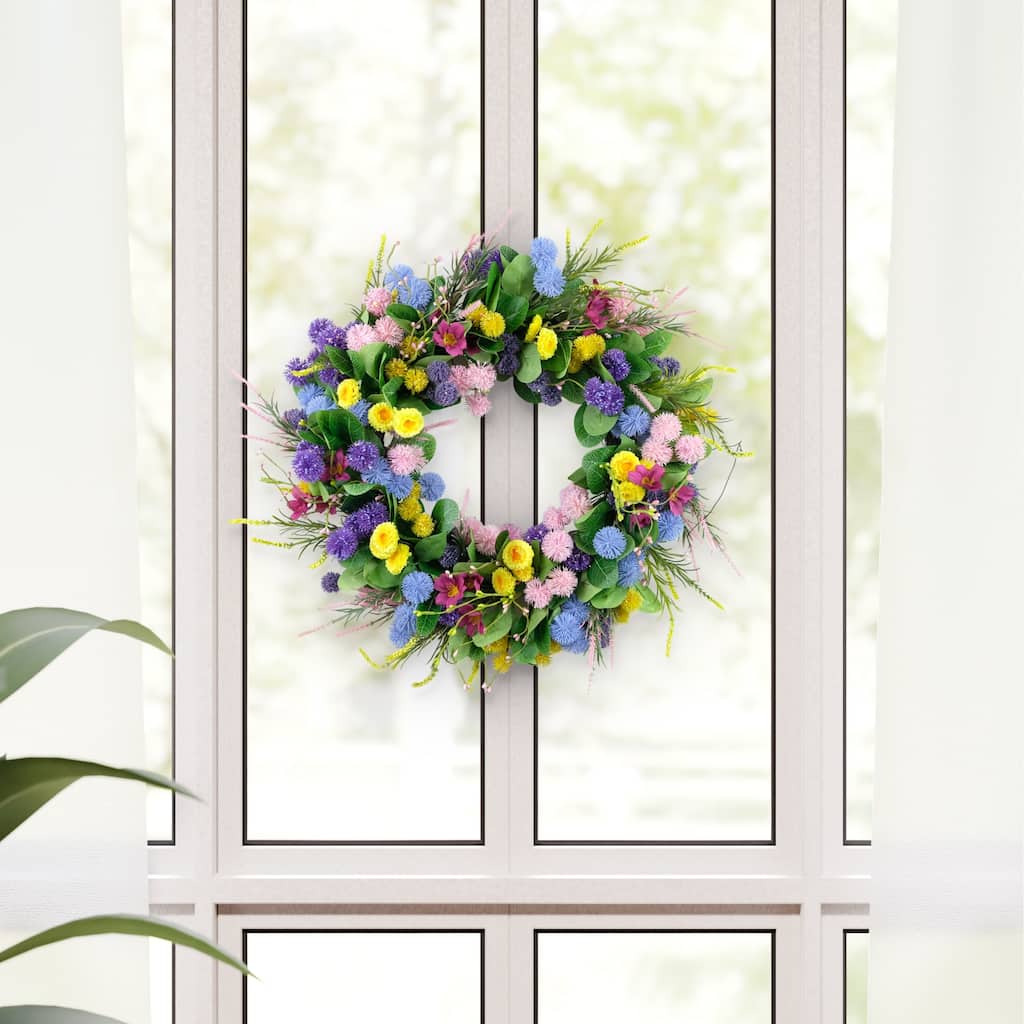 Echinops and Chrysanthemums Floral Artificial Spring Wreath - 24" - Yellow