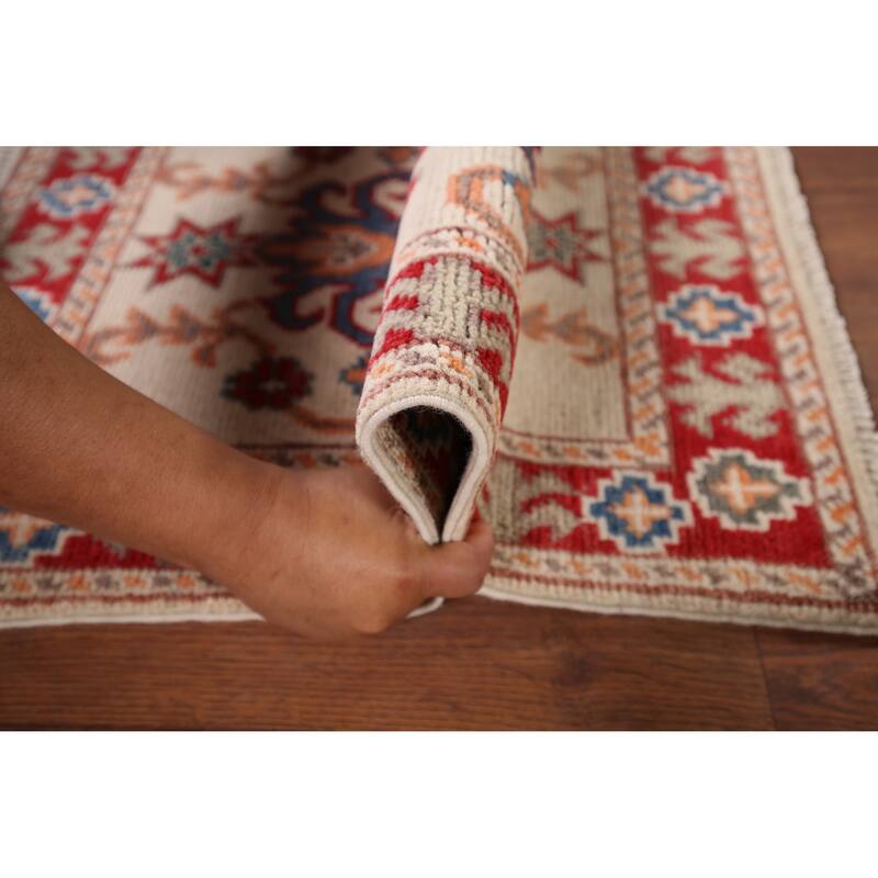 Hand Knotted Oriental 100% Wool Carpet Traditional Geometric Beige & Ivories Kazak Area Rug - 2' 10'' X 1' 10''