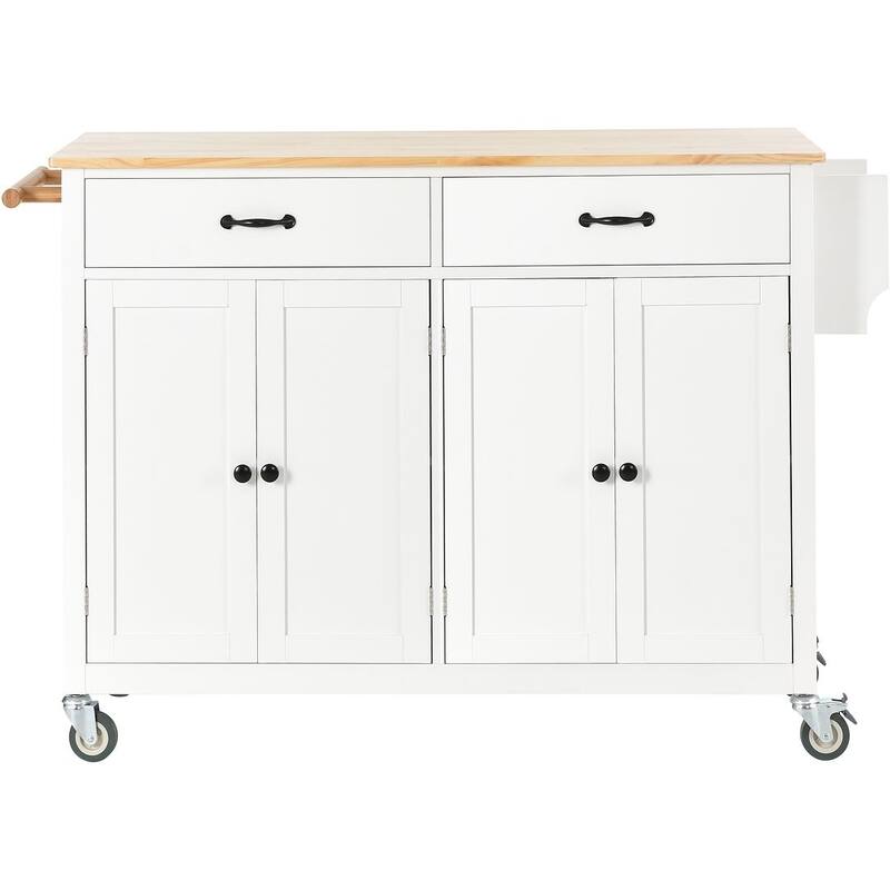 Kitchen Island Cart with Solid Wood Top, Locking Wheels, Spice & Towel Rack - White