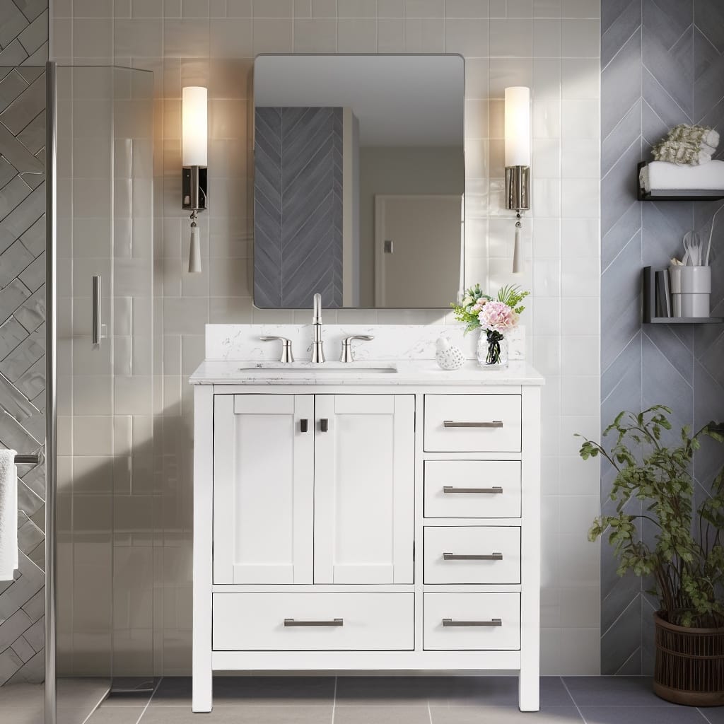 Prismatica 36 in. White Vanity with Countertop & Splash, Left Sink