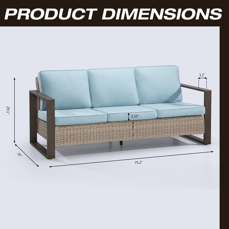 Cozywor Wicker Outdoor Patio Sofa Steel Frame with Beige Cushions