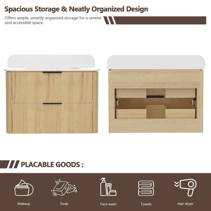 30" Floating Bathroom Vanity with Integrated countertop Rectangulare Sink Solid Wood