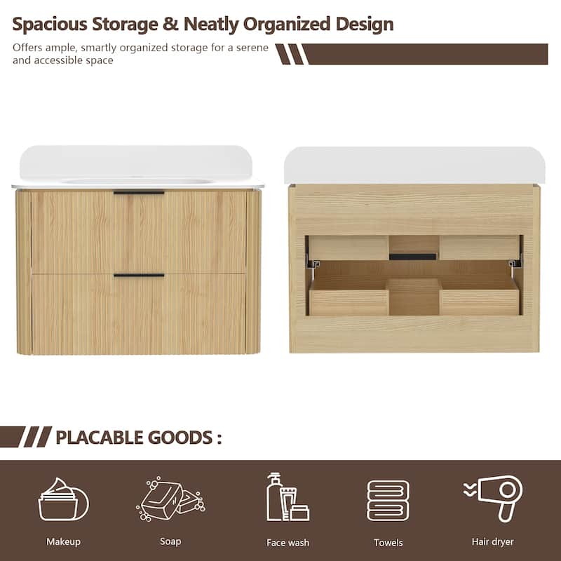 36" Floating Bathroom Vanity with Integrated countertop Rectangulare Sink Solid Wood