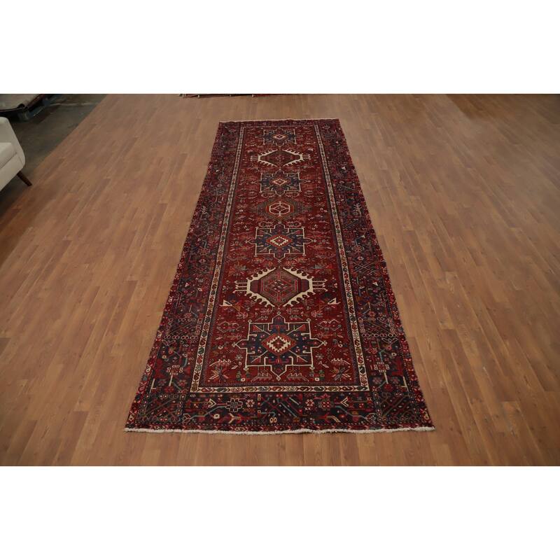 Hand Knotted Oriental 100% Wool Carpet Traditional Geometric Red Gharajeh Area Rug - 12' 11'' X 4' 9''