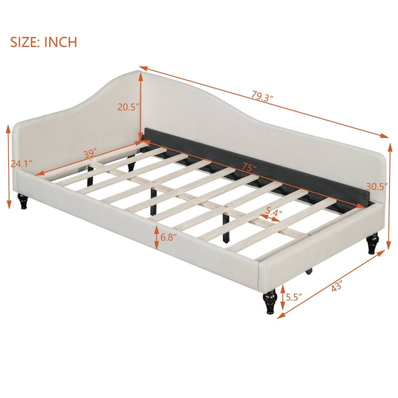 L-Shaped Curved Backrest Daybed, Linen Panel Bed Frame, Wood Platform Bed, Solid Wood Legs