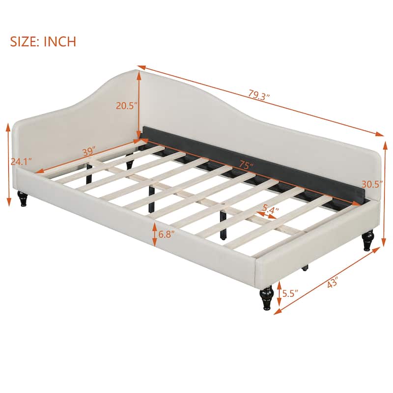L-Shaped Daybed Linen Upholstered Wood Slat Bed with Solid Wood Legs and Curved Armrest & Backrest for Bedroom Living Room