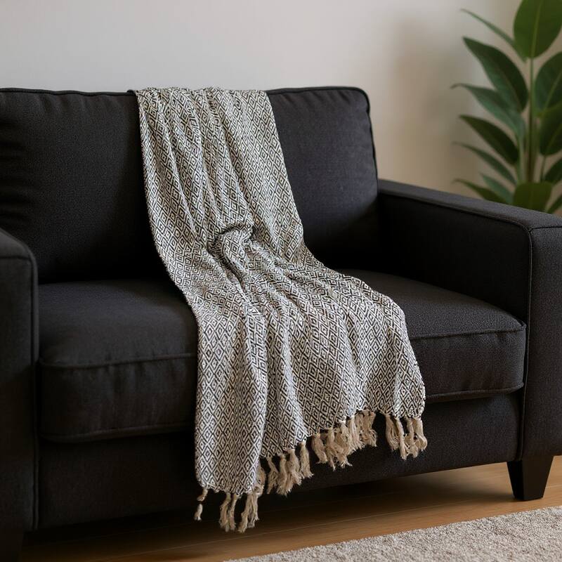 HomeRoots 52" X 67" Black And Beige Geometric Diamond Throw Blanket with Tassels