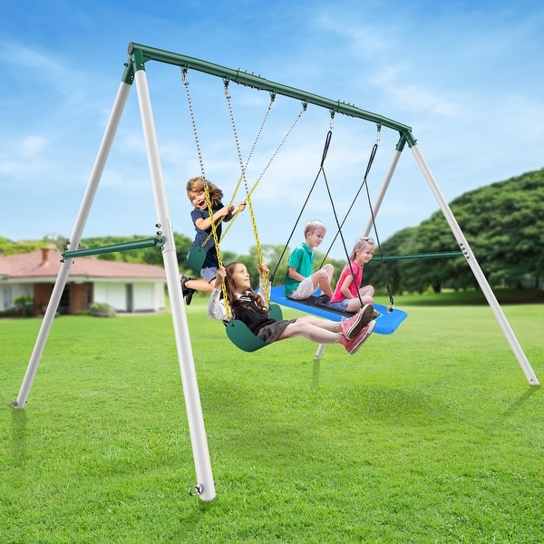 slide 2 of 27, Hapfan 7.3ft Tall 600lb Heavy Duty Swing Set with 1 Platform Swing, 2 Belt Swings,A Frame Metal Swing Set White-green