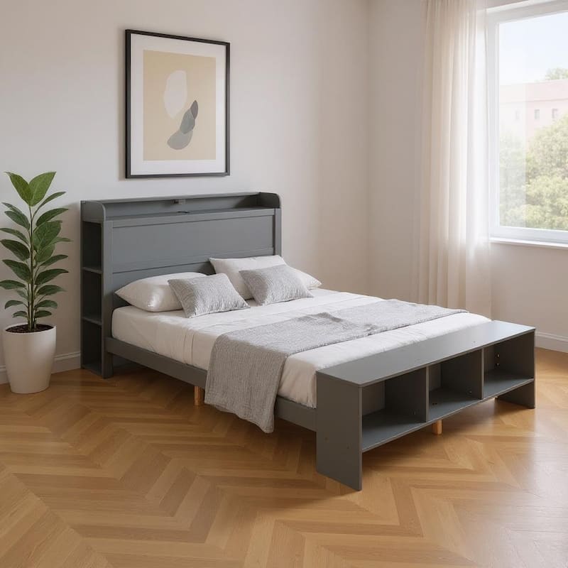 HomeRoots Gray Wood Full Bed Frame With LED Lighting And USB - Full