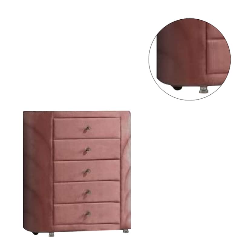 Sin 45 Inch Tall Dresser Chest, 5 Drawers, Round Metal Knobs, Velvet, Pink