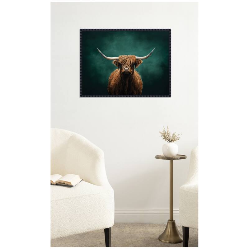 Kate and Laurel Highland Cow on Tonal Teal Green Abstract by The Creative Bunch Studio Framed Canvas Wall Art Print