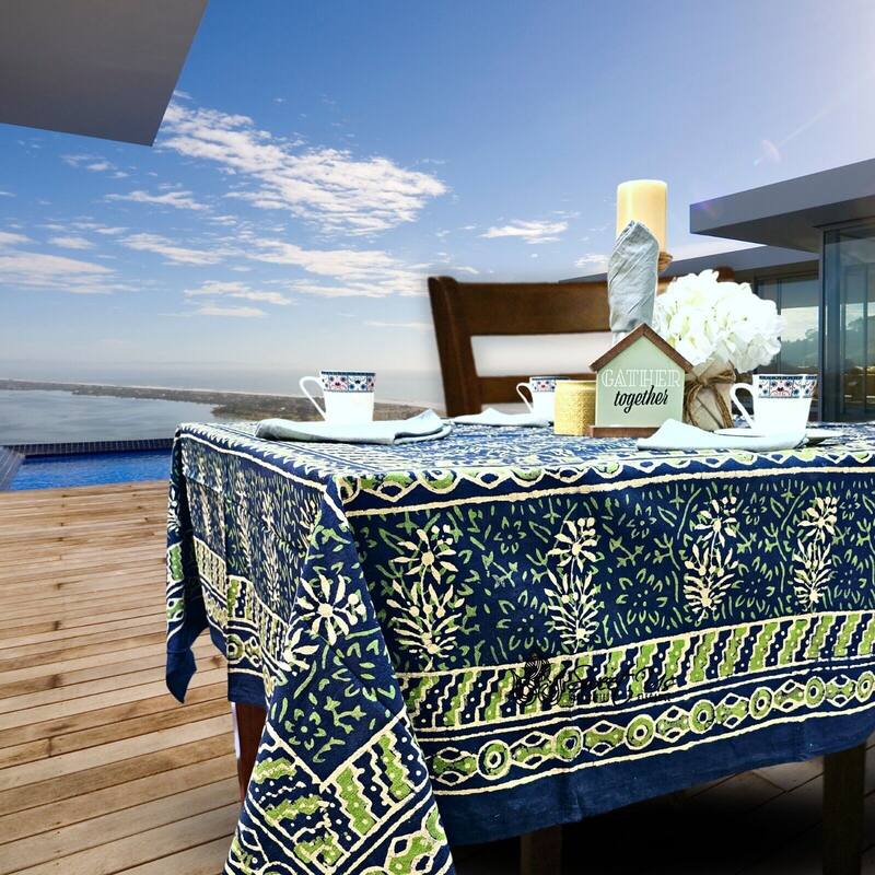Dabu Floral Hand Block Print Cotton Tablecloth Rectangle Collection - Green