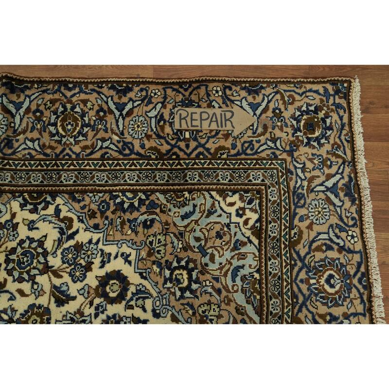 Hand Knotted Oriental 100% Wool Carpet Traditional Floral Beige & Ivories Kashan Area Rug - 9' 3'' X 6' 2''