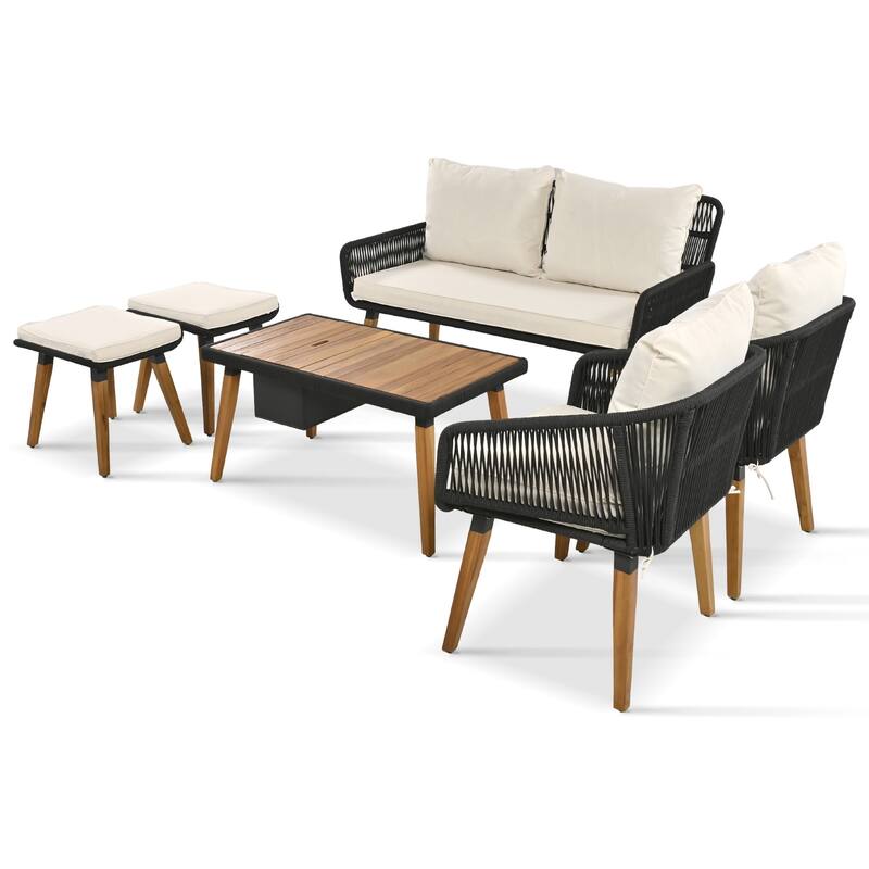 6 Pcs Patio Furniture Set, All-Weather Conversation Sets with Cushions Armchairs, Acacia Wood Bar Table and Ice Bucket