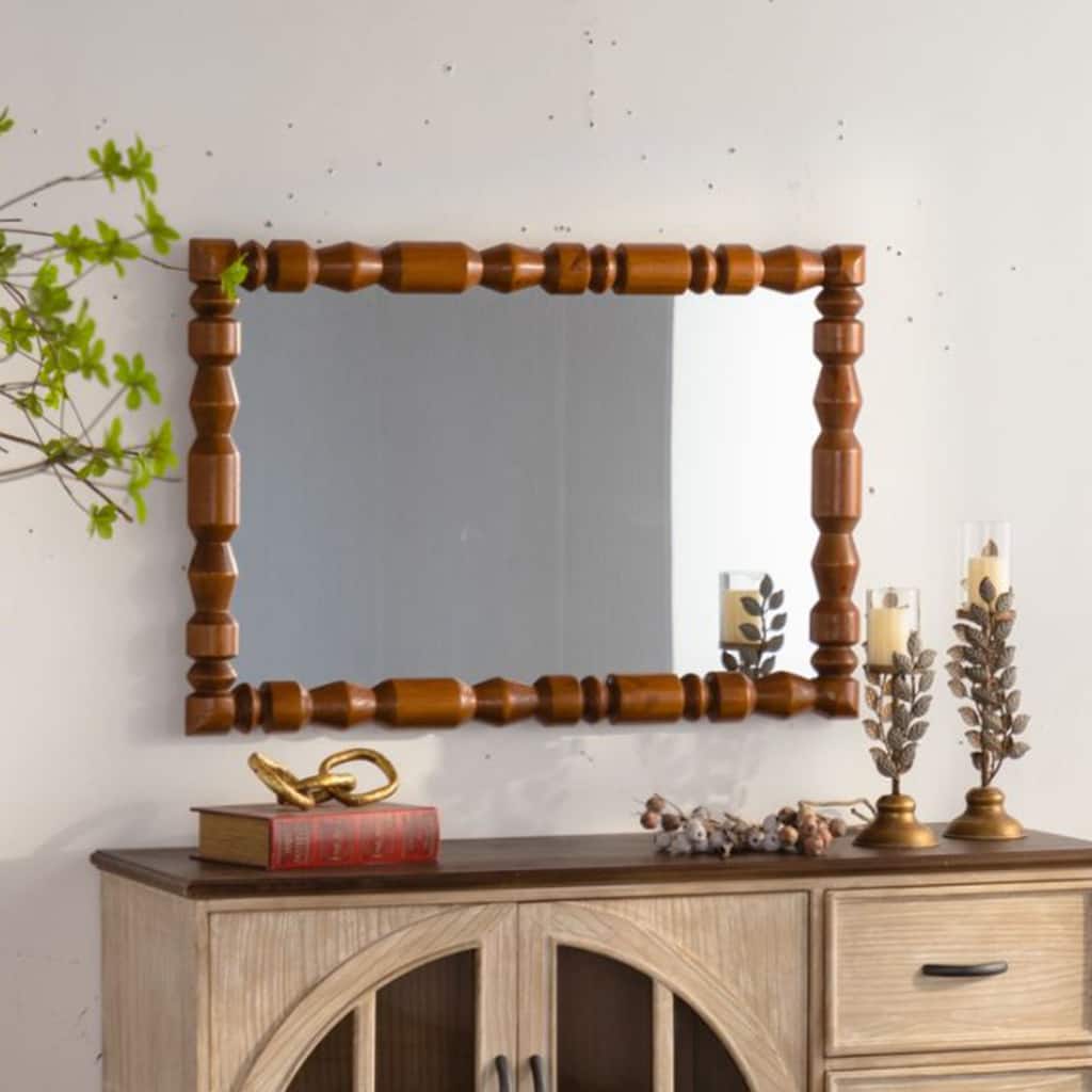 Vintage Wooden Carved Wall Mirror, Decorative Column Frame for Living Room/Entryway Retro Decor - Brown