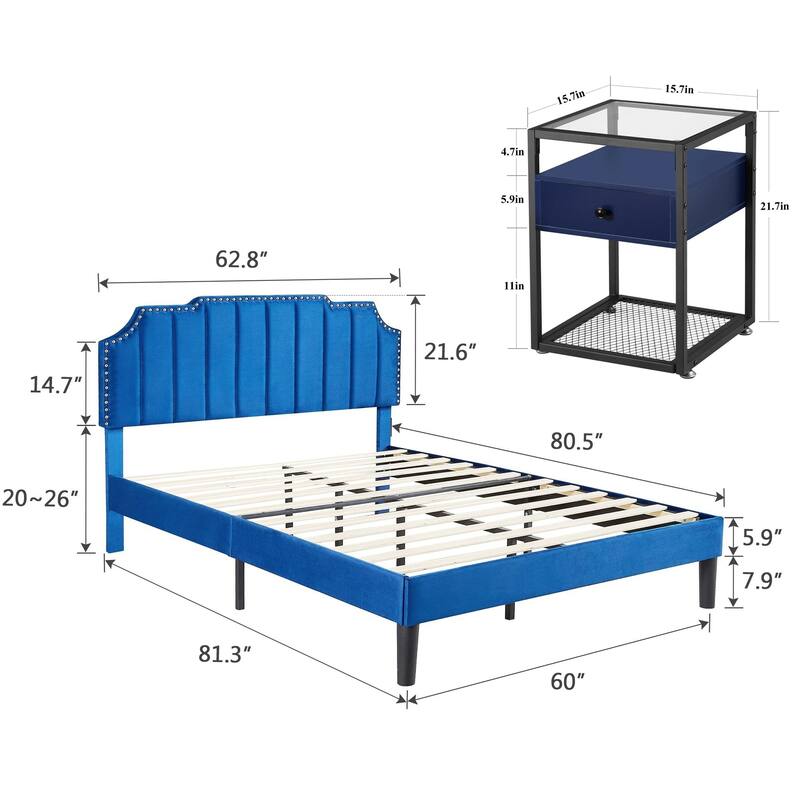 Bedroom Sets, 15 Style Options, 3-pieces Bedroom Set with Height Adjustable Upholstered Bed and Nightstands Set of 2-VECELO