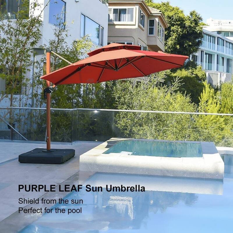 PURPLE LEAF 10/11/12ft Round Wood Pattern Patio Cantilever Umbrella with Base