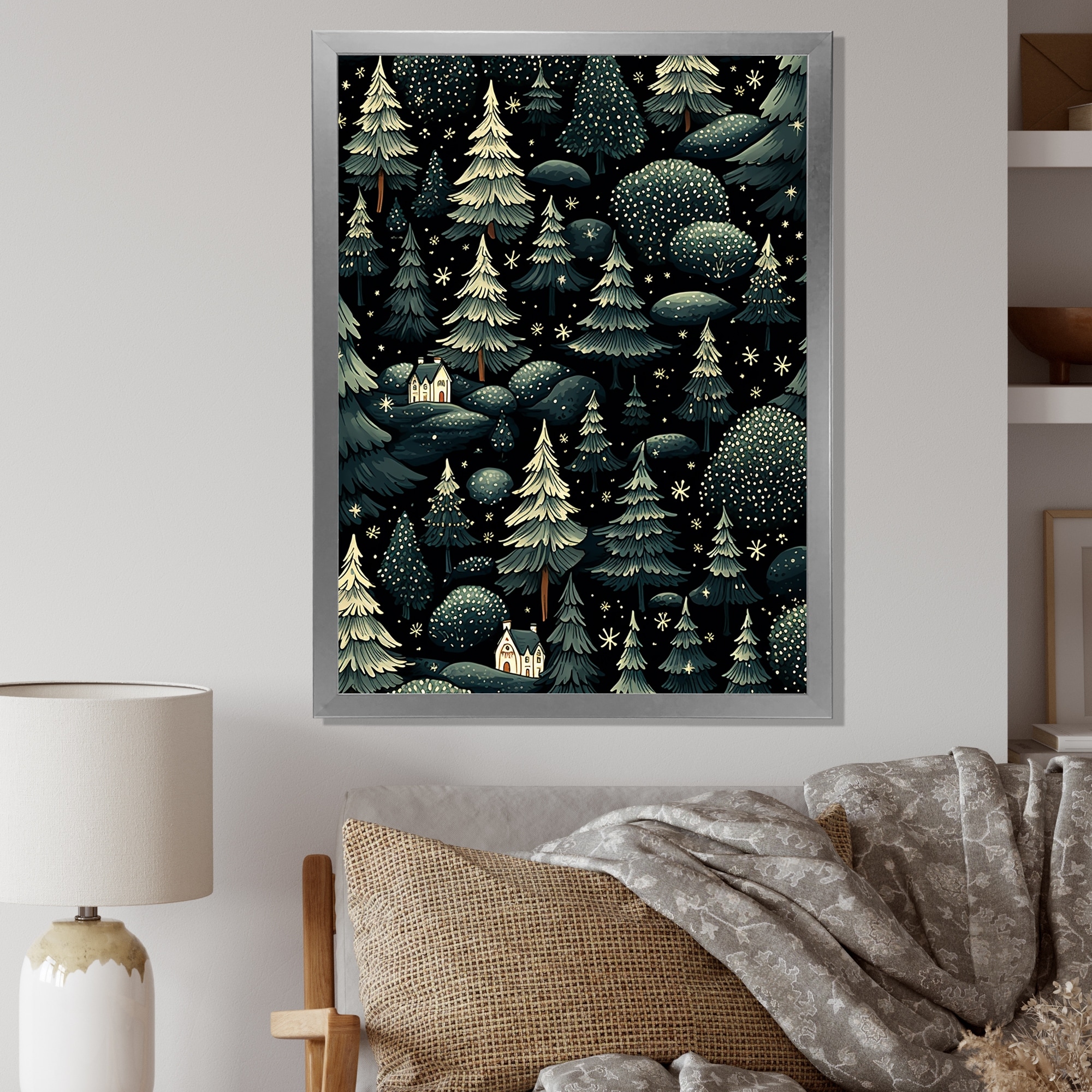 Designart "Christmas Pine Tree Pattern I" Tree Pine Wall Decor Green - Traditional Hallway Framed Wall Art Decor
