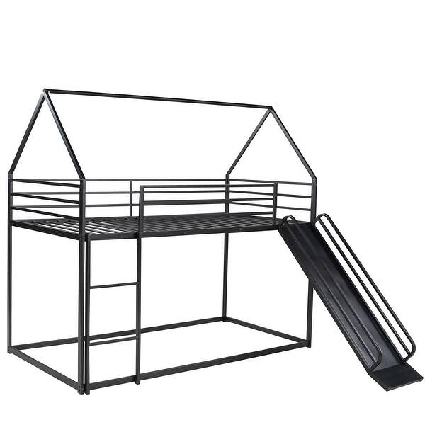 slide 2 of 9, Twin Over Twin Metal Bunk Bed with Slide & Ladder, Metal Playhouse Bunkbeds Twin Size for Kids Girls Boys, No Box Spring Needed Black - Twin