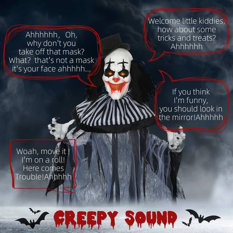 6FT Black White Striped Animatronic Clown Halloween Decor Motion Sound Activated