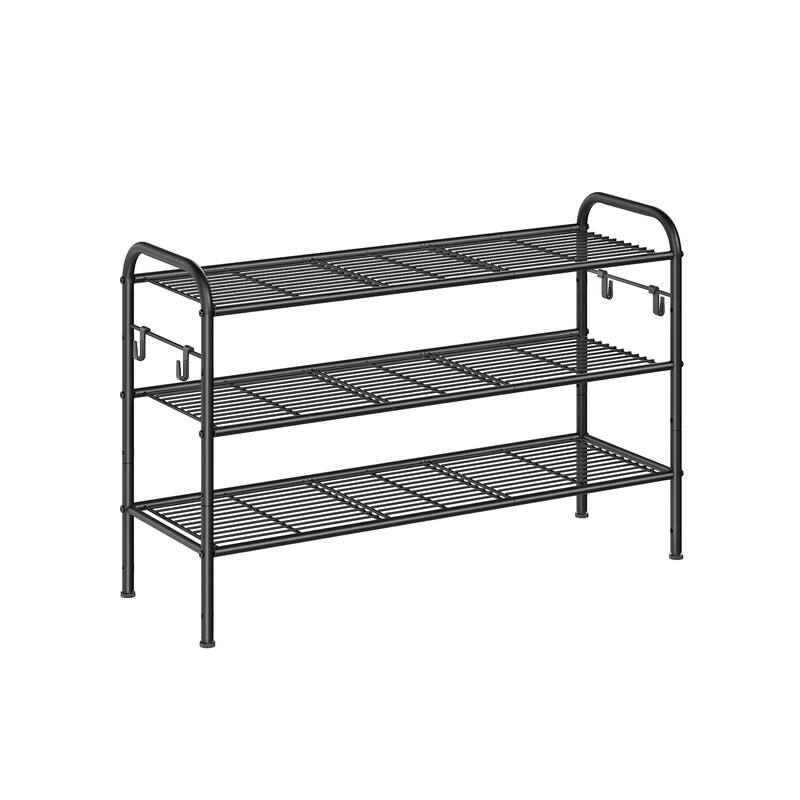 Moder Metal Shoe Rack Organizer with Shelf Storage with Side Hooks for Multiples Shoes Pairs - 3 Tier (11 x 33.5 x 20.8 Inches) - Ink Black