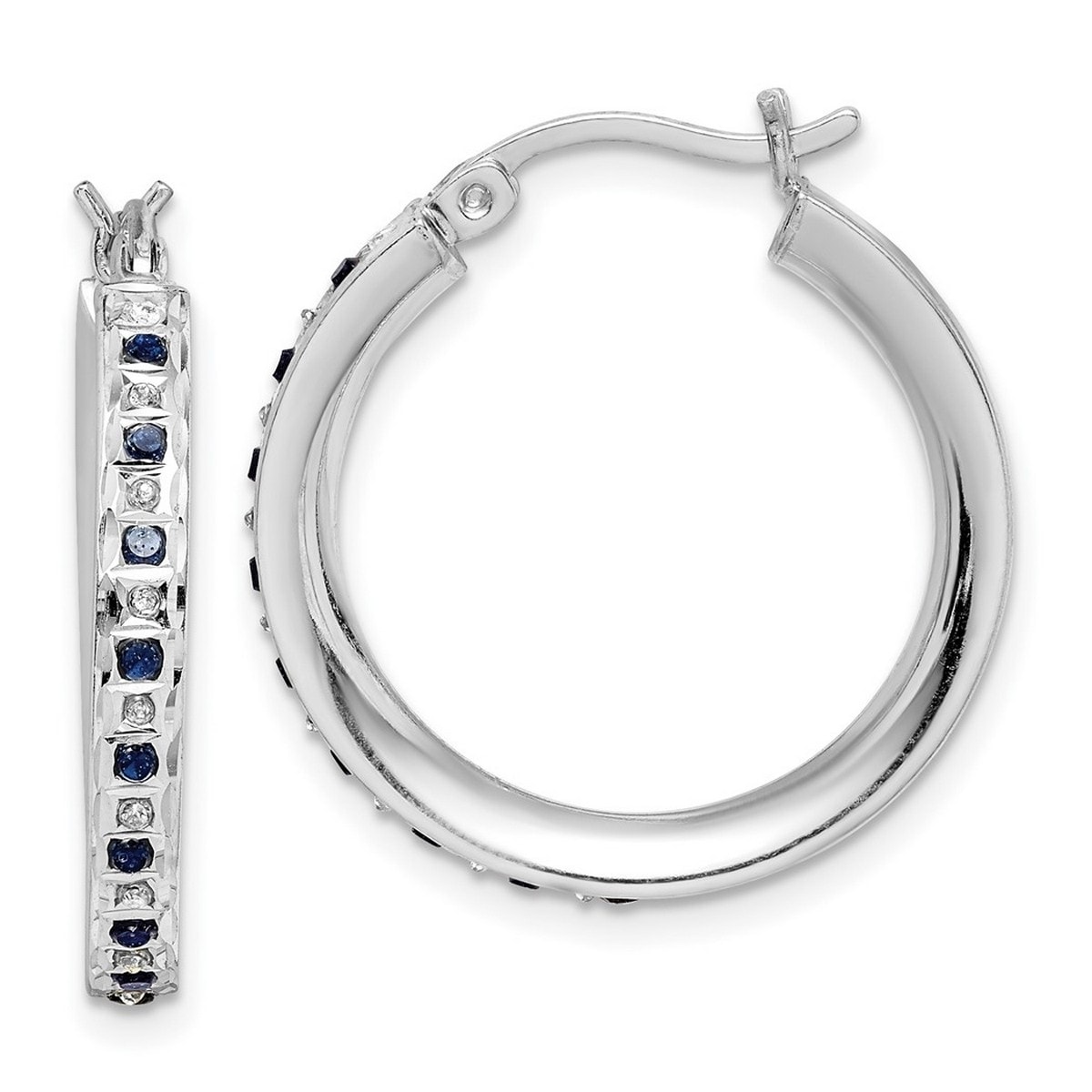 Curata Sterling Silver 25x3mm Diamond and Sapphire Round Hinged Hoop Earrings