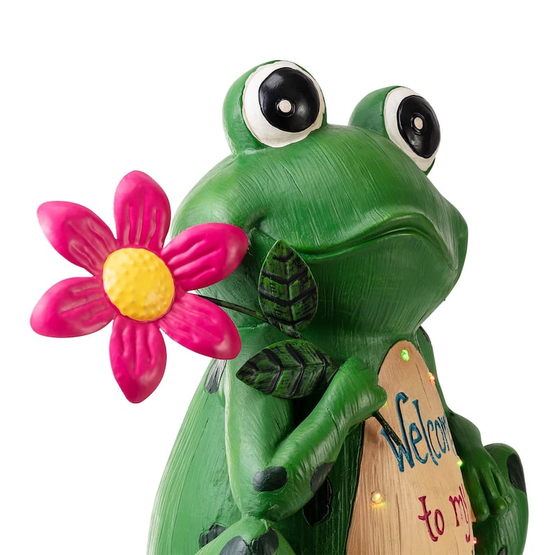 Alpine Corporation 18" Tall Outdoor Frog with Color Changing LED Lights and Welcome Sign Yard Statue