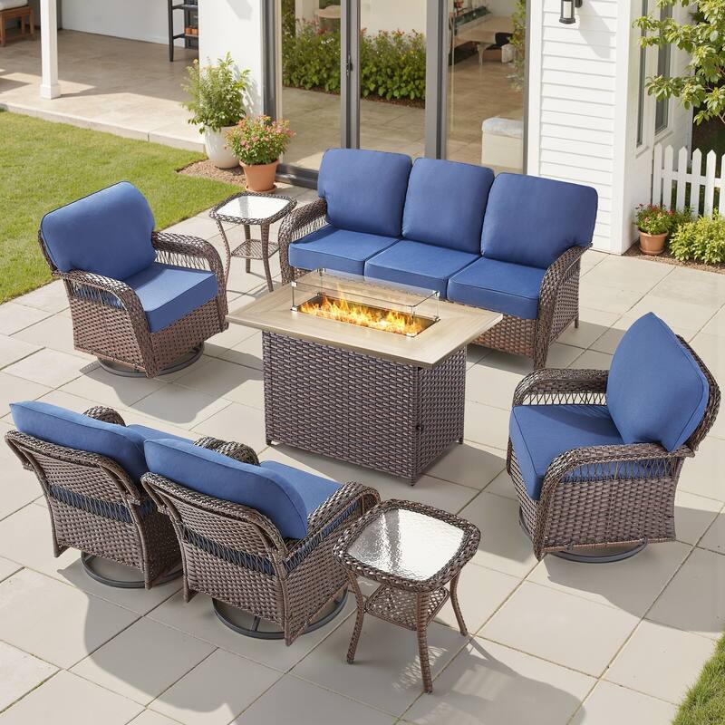 Pocassy Outdoor Fire Pit Table with Swivel Chair Sofa Ottoman Funiture Set. - Brown Wicker Blue Cushion - 8-Piece Sofa Swivel Chair Table w/ Fie Pit Table