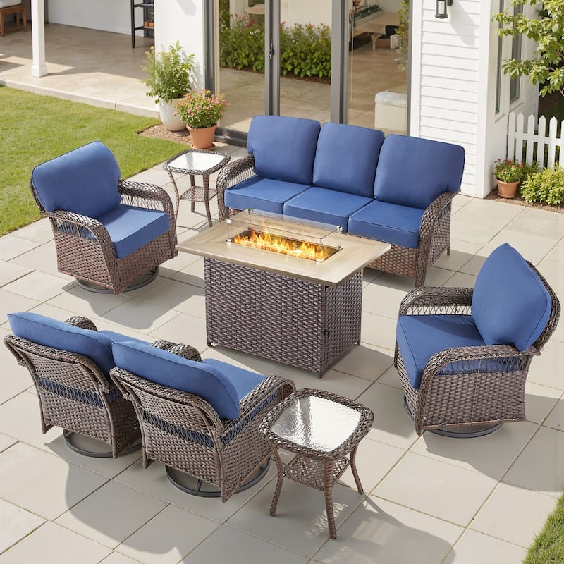 Pocassy Outdoor Fire Pit Table with Swivel Chair Sofa Ottoman Set. - Brown Wicker Blue Cushion - 8-Piece Sofa Swivel Chair Table w/ Fie Pit Table