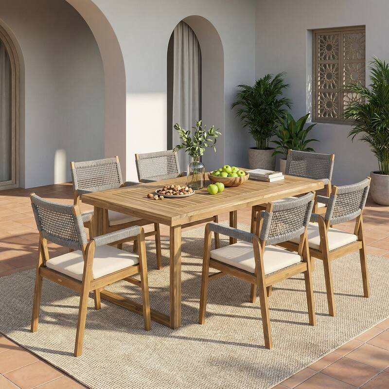Christopher Knight Home - 7-Piece Outdoor Acacia Wood Dining Set with Cushioned Armchairs & Rectangular Slatted Table - Grey Rope+Sandblast Natural Stained+Teak Finish