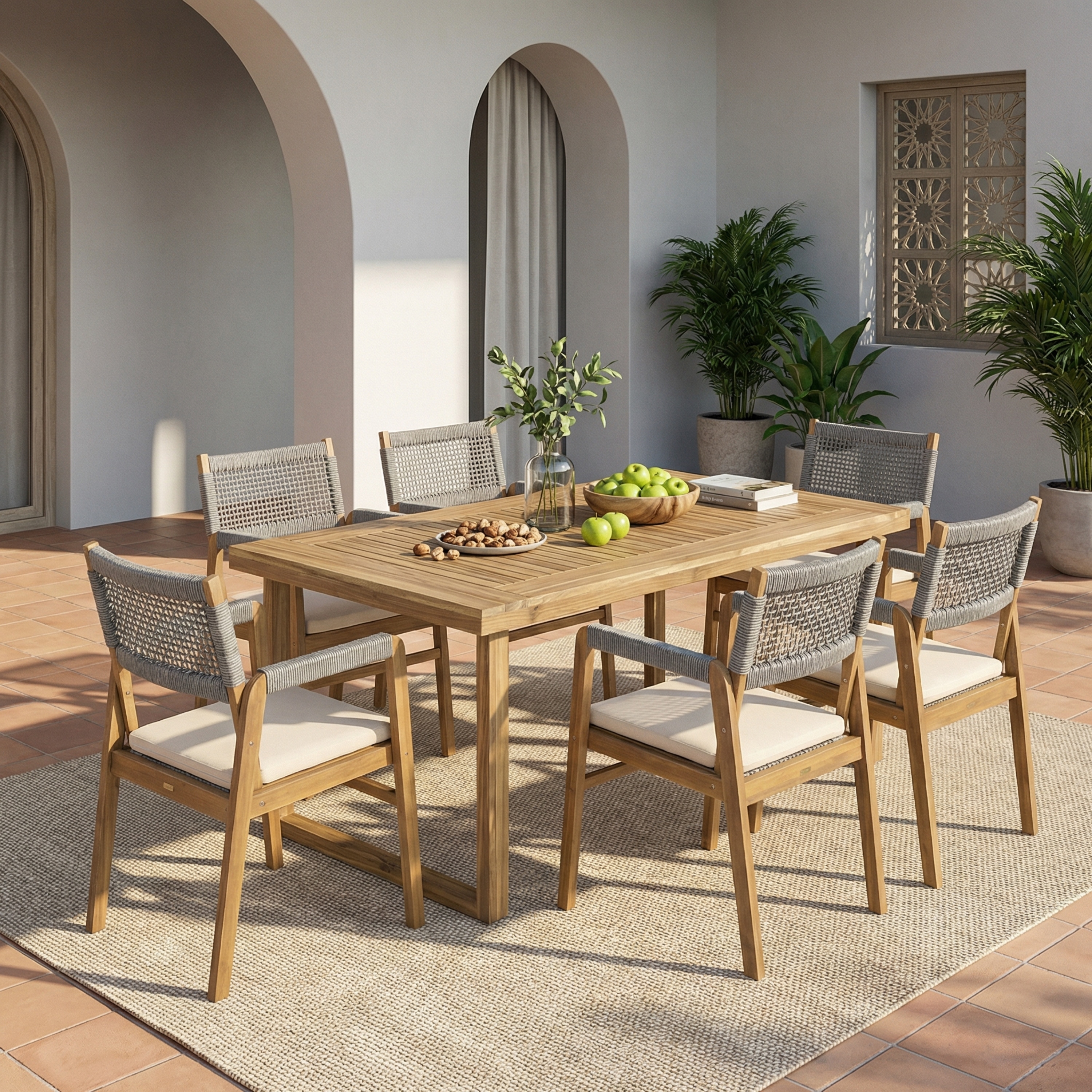 Christopher Knight Home - Farmhouse 7-Piece Outdoor Acacia Wood Dining Set with Cushioned Armchairs & Rectangular Slatted Table