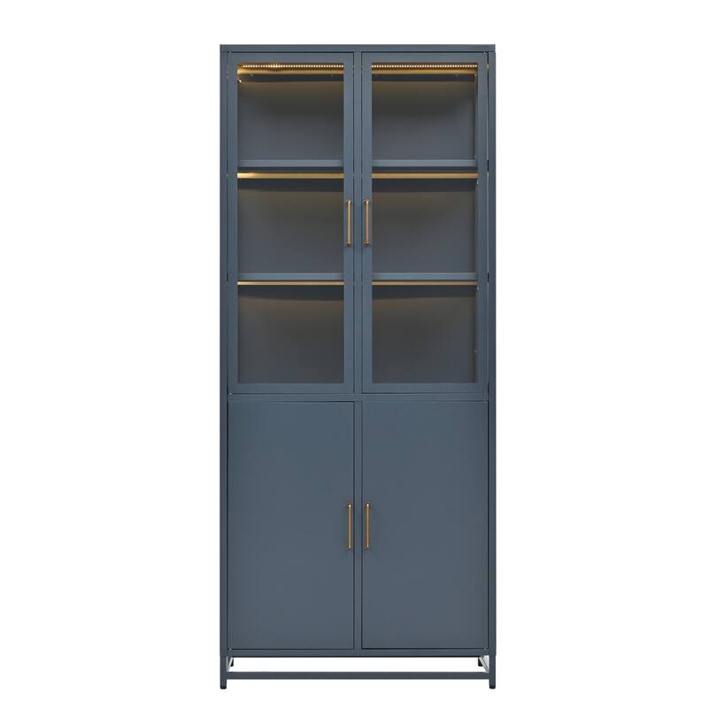 76.75'' Glass Display Cabinet w/LED Light, Tall Bookshelf with Double Glass Doors Bookshelves Bookcase