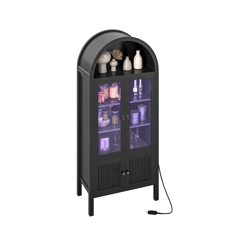 Modern 71" Tall Arched Kitchen Pantry Cabinet with LED Light,Bookcase Cabinet with Storage and Glass Doors