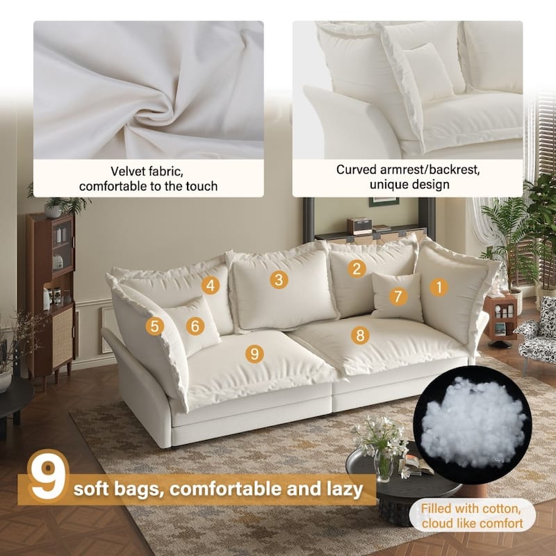 90.55" Modern Comfy Upholstered Sofa Cloud Couch with Multiple Large Soft Pillows