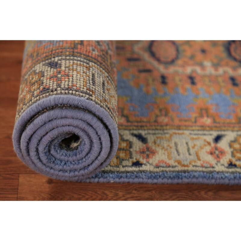 Blue Geometric Viss Indian Runner Rug Handmade Wool Carpet - 2'6"x 7'11"
