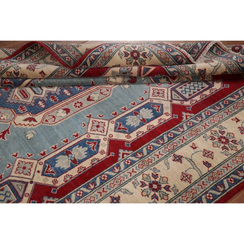 Hand Knotted Oriental 100% Wool Carpet Traditional Geometric Navy Blue & Blues Kazak Area Rug - 9' 6'' X 6' 8''