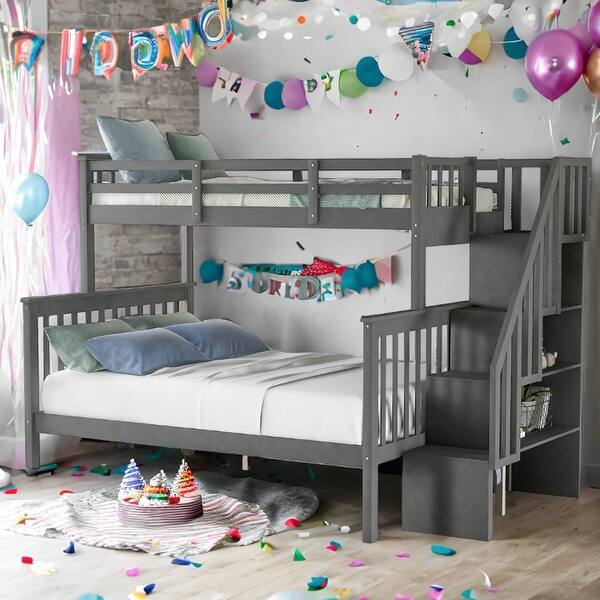slide 2 of 40, Stairway Twin-Over-Full Bunk Bed with Storage and Guard Rail,Space-Efficient Multifunctional Bunk Bed With Storage Gray