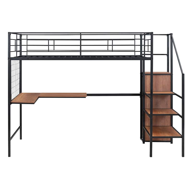 Black Modern Twin Metal Loft Bed with Storage