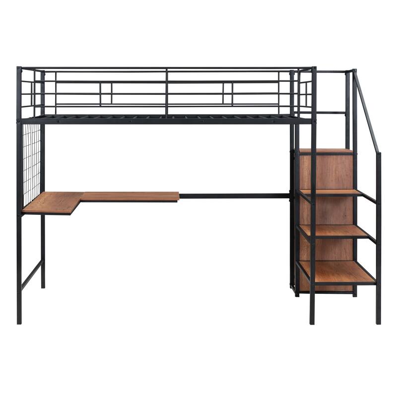 Twin Metal Loft Bed with L-Shaped Desk, Shelves, and Wardrobe Storage